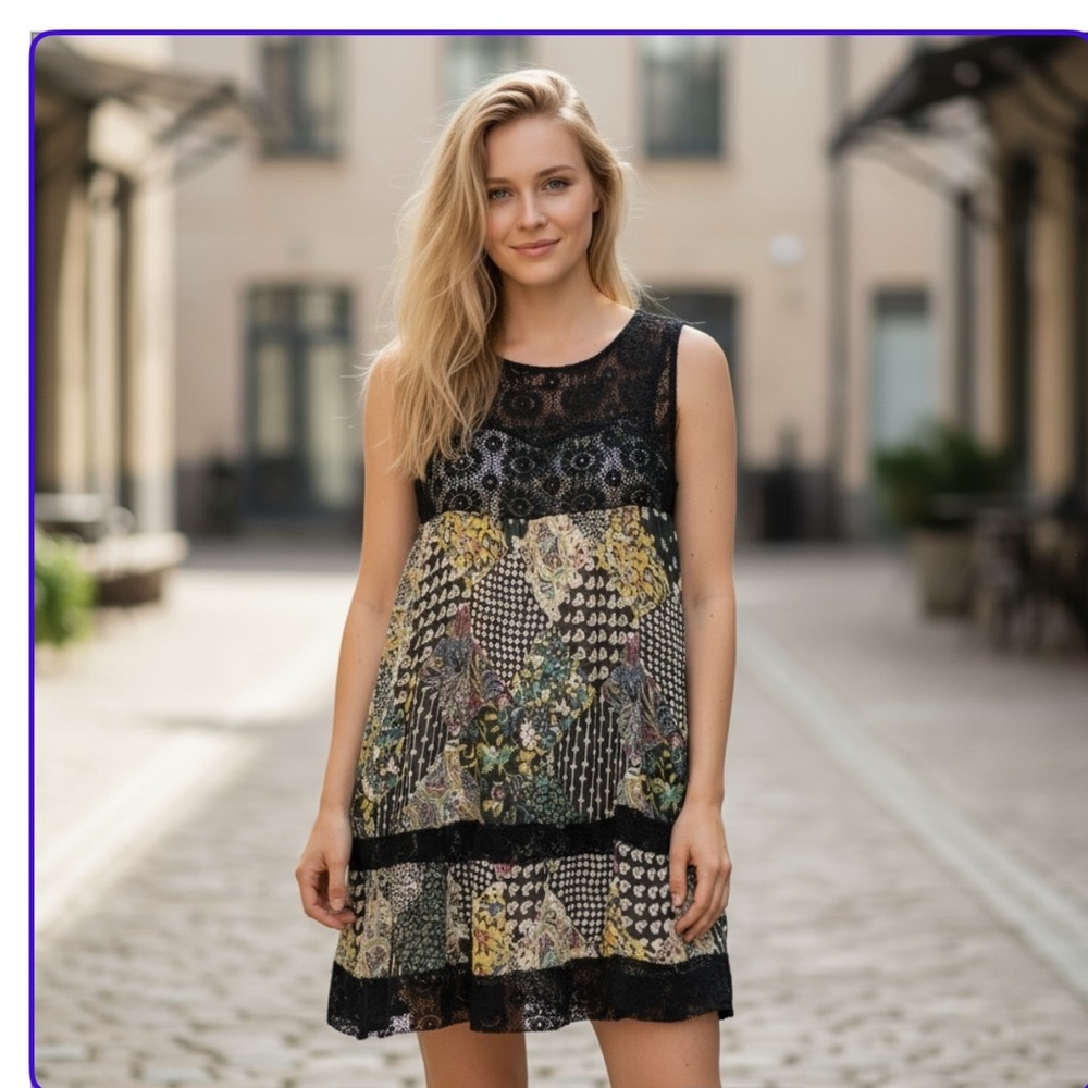 𝅺urban Renewal Floral Print Minidress w/ Lace Trim
